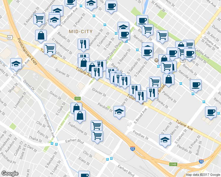 map of restaurants, bars, coffee shops, grocery stores, and more near 3130 Tulane Avenue in New Orleans