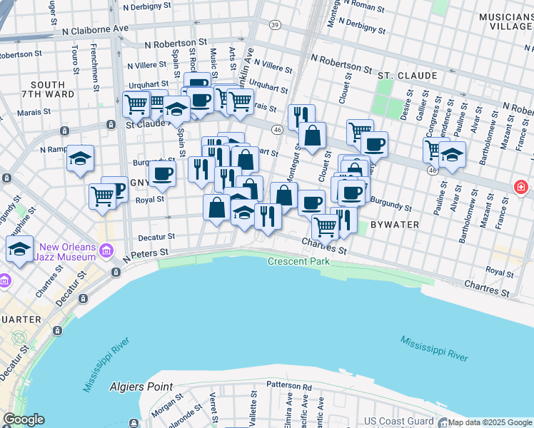 map of restaurants, bars, coffee shops, grocery stores, and more near 2940 Royal Street in New Orleans