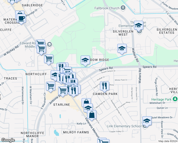 map of restaurants, bars, coffee shops, grocery stores, and more near 12411 Antoine Drive in Houston