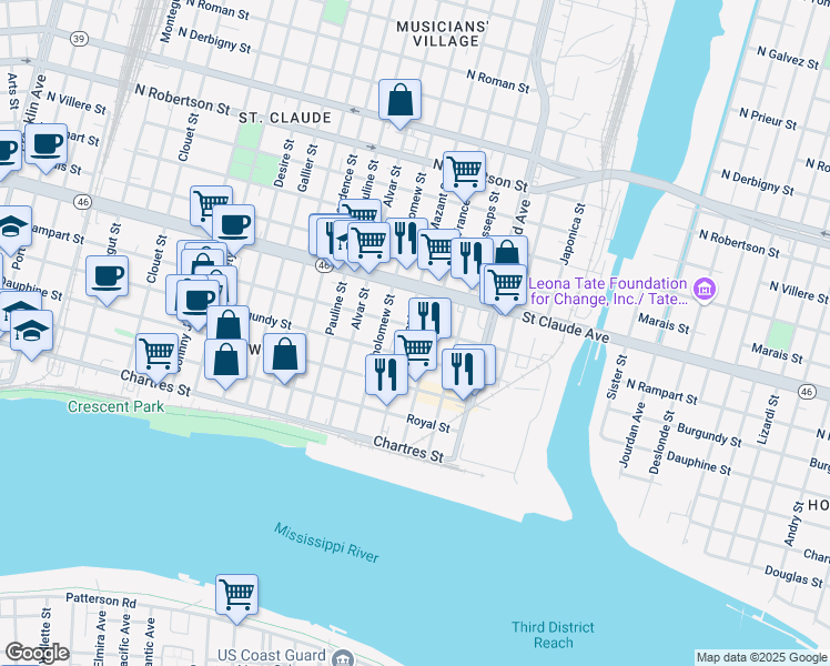 map of restaurants, bars, coffee shops, grocery stores, and more near 937 Mazant Street in New Orleans