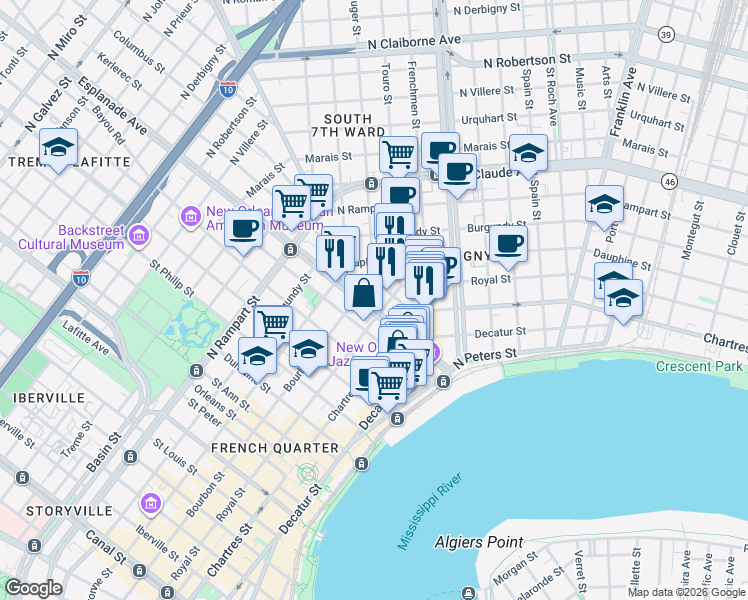 map of restaurants, bars, coffee shops, grocery stores, and more near 719 Esplanade Avenue in New Orleans
