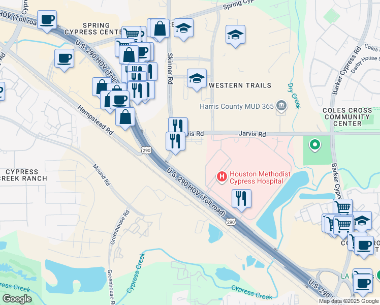 map of restaurants, bars, coffee shops, grocery stores, and more near 25222 Northwest Freeway in Cypress