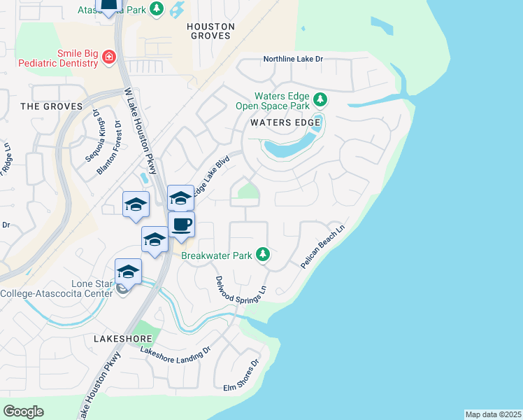 map of restaurants, bars, coffee shops, grocery stores, and more near 16602 Lake Prince Lane in Houston