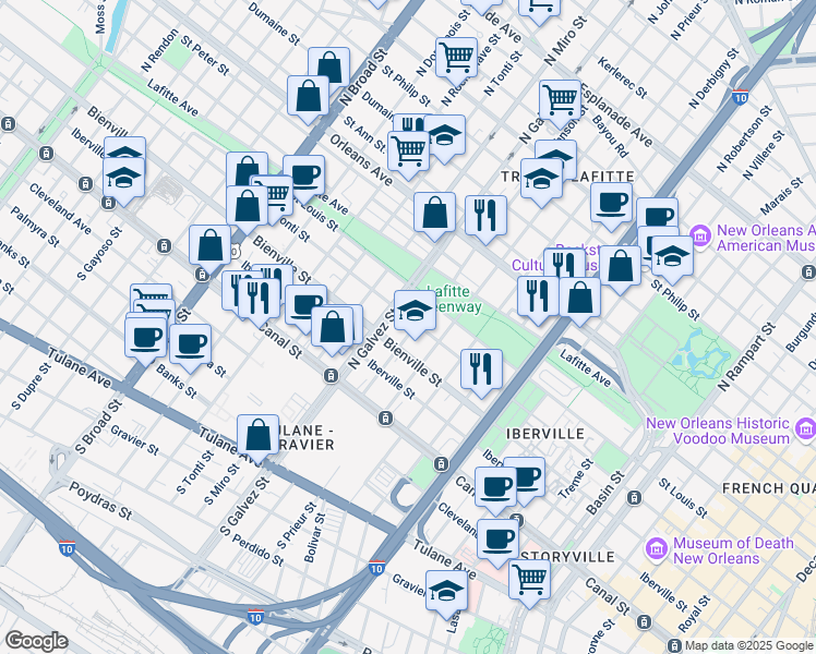map of restaurants, bars, coffee shops, grocery stores, and more near 2106 Conti St in New Orleans