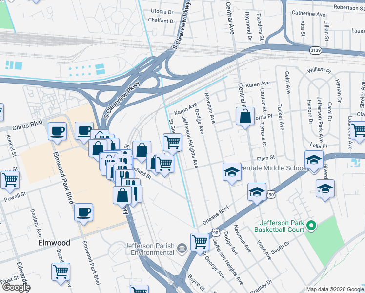 map of restaurants, bars, coffee shops, grocery stores, and more near 746 Pecan Grove Lane in New Orleans