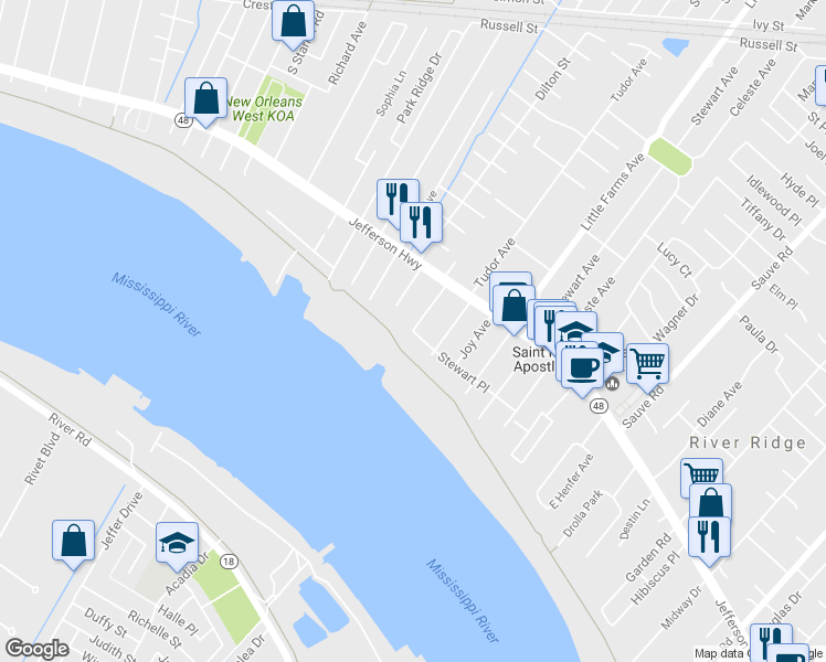 map of restaurants, bars, coffee shops, grocery stores, and more near 10536 Stewart Place in River Ridge
