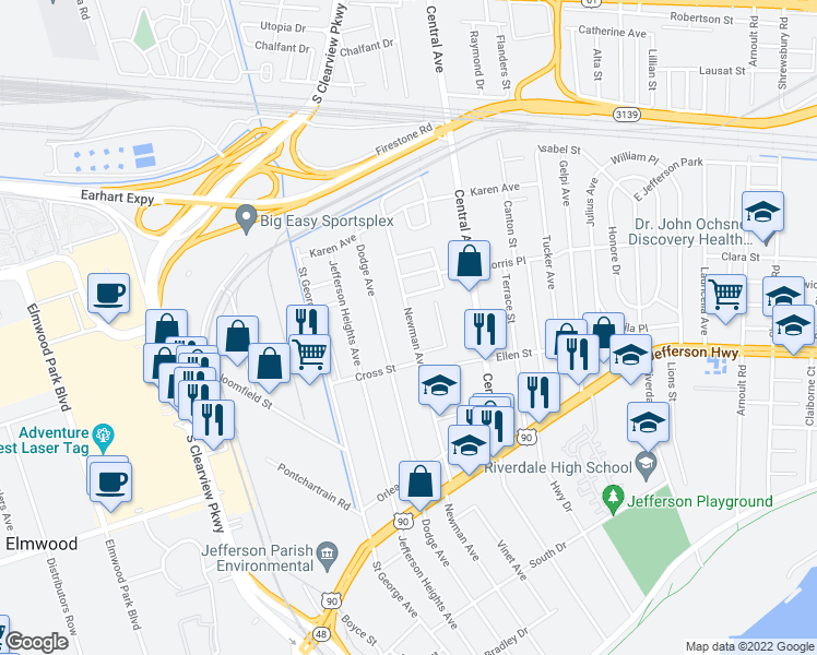map of restaurants, bars, coffee shops, grocery stores, and more near 728 Newman Avenue in Jefferson
