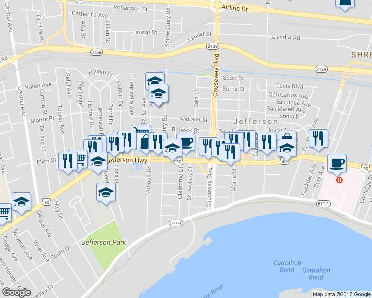 map of restaurants, bars, coffee shops, grocery stores, and more near 1433 Helios in Jefferson