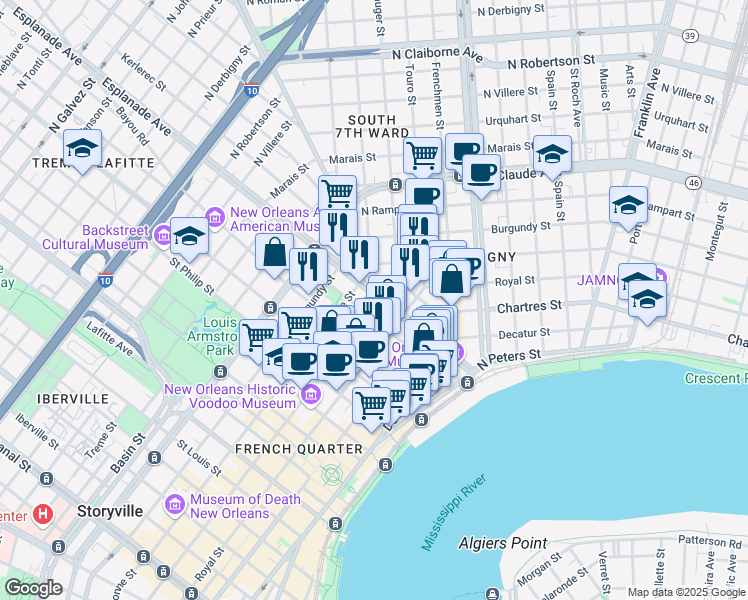 map of restaurants, bars, coffee shops, grocery stores, and more near 820 Esplanade Avenue in New Orleans