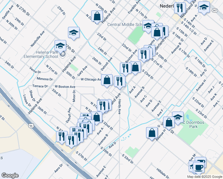 map of restaurants, bars, coffee shops, grocery stores, and more near 2724 Nederland Avenue in Nederland