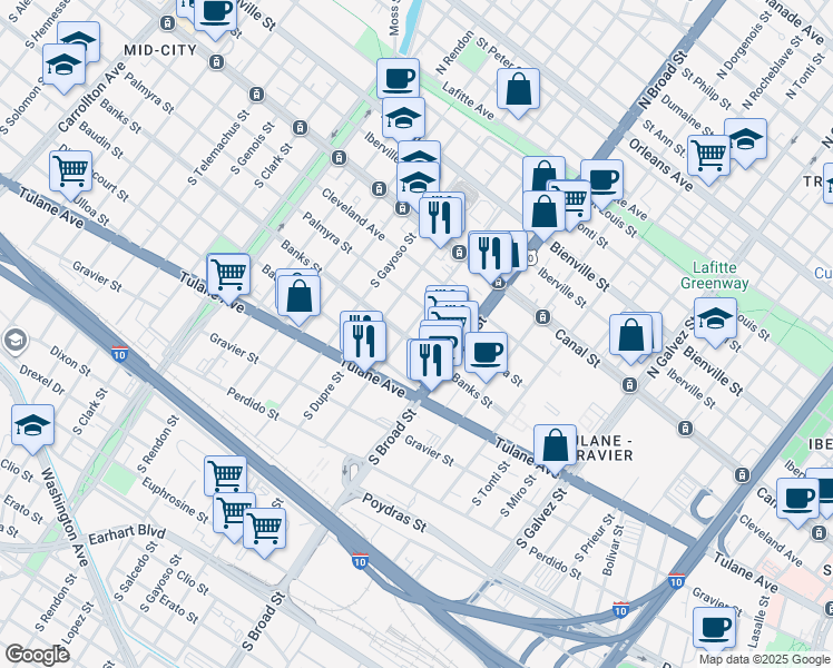map of restaurants, bars, coffee shops, grocery stores, and more near 2755 Banks Street in New Orleans