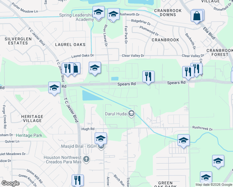 map of restaurants, bars, coffee shops, grocery stores, and more near 1363-1369 Spears Road in Houston