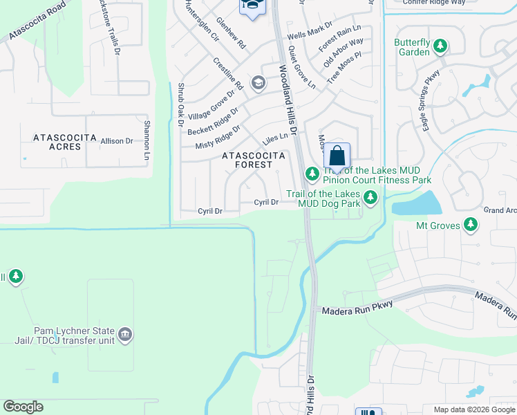 map of restaurants, bars, coffee shops, grocery stores, and more near 3822 Cyril Drive in Humble