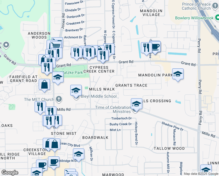 map of restaurants, bars, coffee shops, grocery stores, and more near 13027 Mills Bend St in Houston