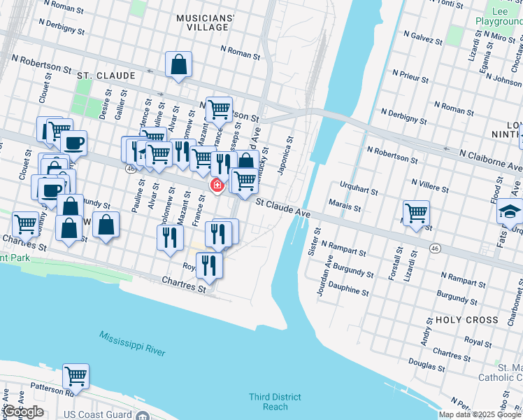 map of restaurants, bars, coffee shops, grocery stores, and more near 4518 Saint Claude Avenue in New Orleans