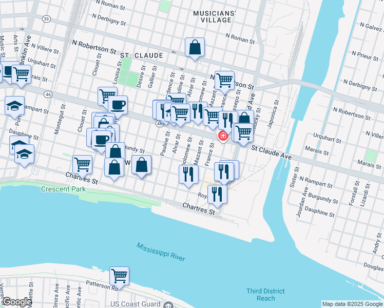 map of restaurants, bars, coffee shops, grocery stores, and more near 924 Bartholomew Street in New Orleans