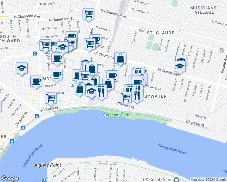 map of restaurants, bars, coffee shops, grocery stores, and more near 3027 Royal Street in New Orleans