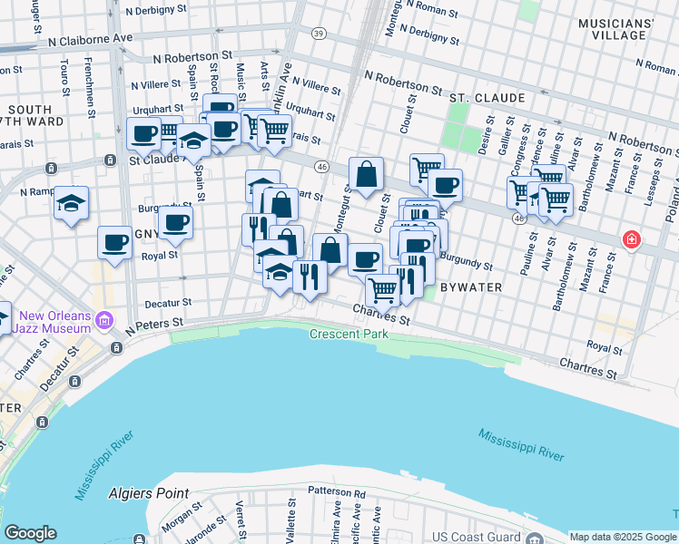 map of restaurants, bars, coffee shops, grocery stores, and more near 3027 Royal Street in New Orleans