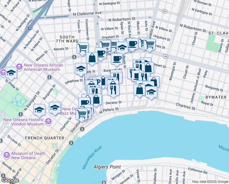 map of restaurants, bars, coffee shops, grocery stores, and more near 611 Mandeville Street in New Orleans