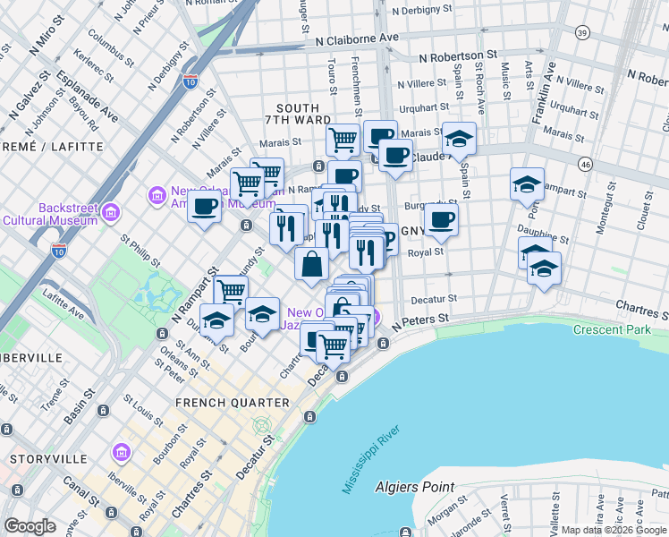 map of restaurants, bars, coffee shops, grocery stores, and more near in New Orleans