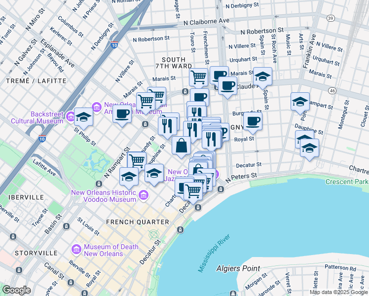 map of restaurants, bars, coffee shops, grocery stores, and more near 719 Esplanade Avenue in New Orleans