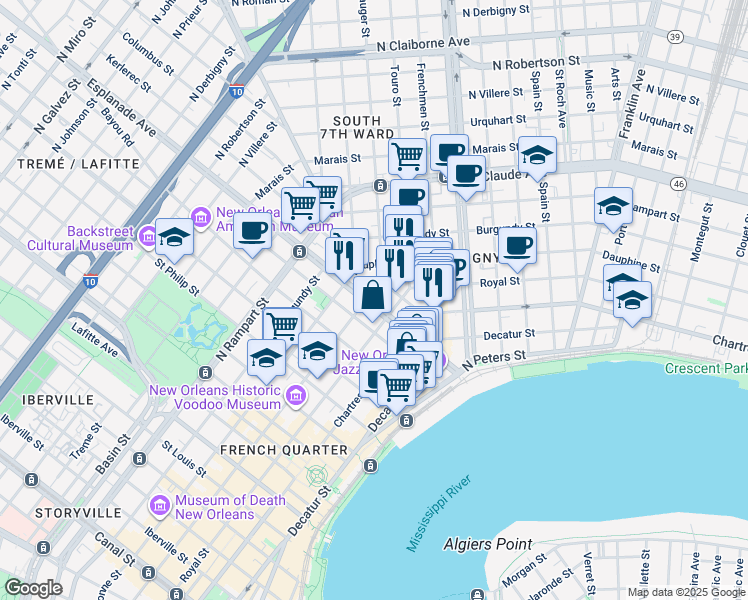 map of restaurants, bars, coffee shops, grocery stores, and more near 719 Esplanade Avenue in New Orleans