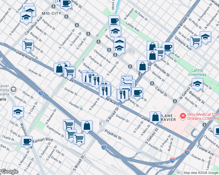 map of restaurants, bars, coffee shops, grocery stores, and more near 2802 Banks Street in New Orleans