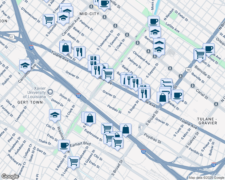 map of restaurants, bars, coffee shops, grocery stores, and more near 3326 Tulane Avenue in New Orleans