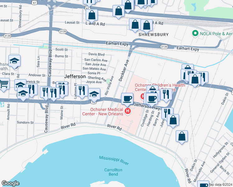 map of restaurants, bars, coffee shops, grocery stores, and more near 322 Betz Avenue in Jefferson