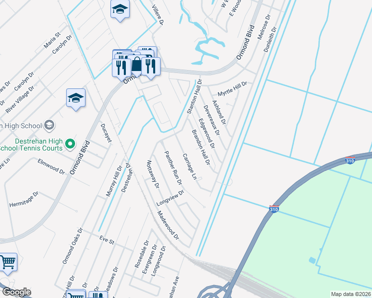 map of restaurants, bars, coffee shops, grocery stores, and more near 48 Carriage Lane in Destrehan