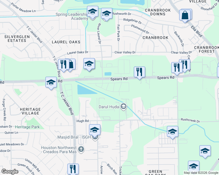 map of restaurants, bars, coffee shops, grocery stores, and more near 1363-1369 Spears Road in Houston