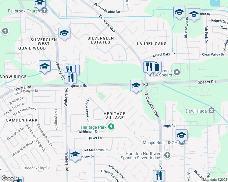 map of restaurants, bars, coffee shops, grocery stores, and more near 2406 Brush Hollow Road in Houston