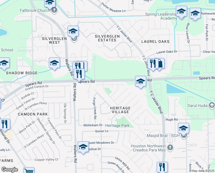 map of restaurants, bars, coffee shops, grocery stores, and more near 2535 Chestnut Mills Rd in Houston