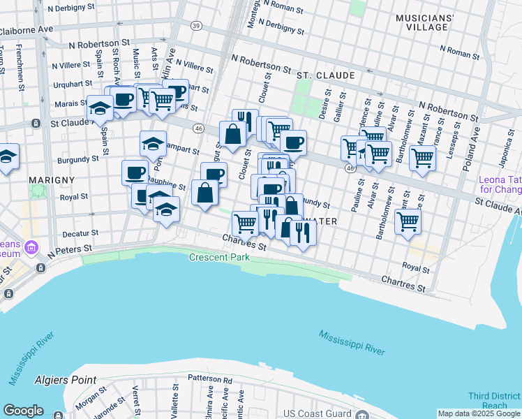 map of restaurants, bars, coffee shops, grocery stores, and more near 3162 Dauphine Street in New Orleans