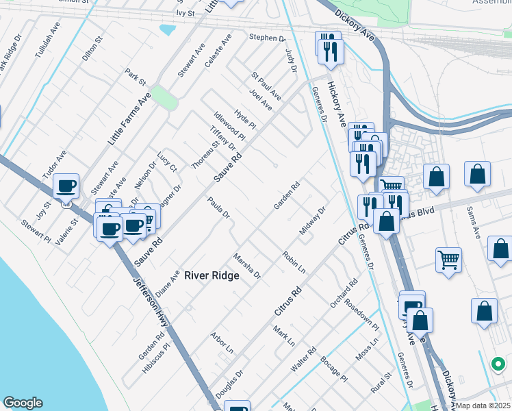 map of restaurants, bars, coffee shops, grocery stores, and more near 8 Kinder Lane in River Ridge