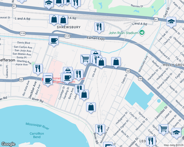 map of restaurants, bars, coffee shops, grocery stores, and more near 438 Iris Avenue in Jefferson