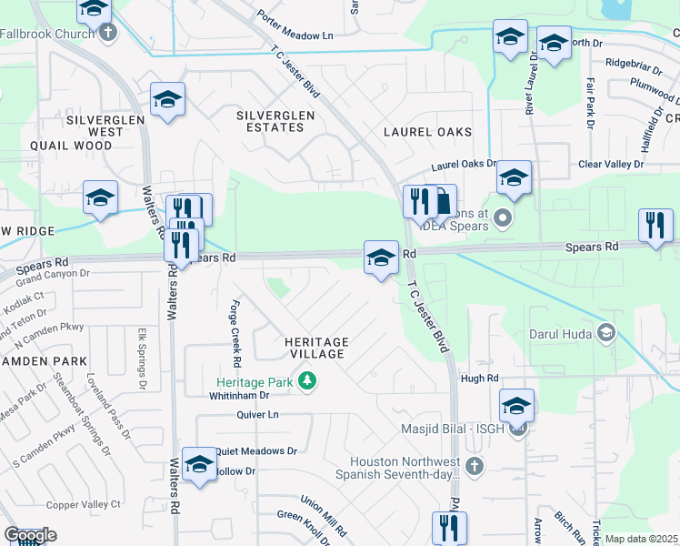 map of restaurants, bars, coffee shops, grocery stores, and more near 2406 Brandy Mill Road in Houston