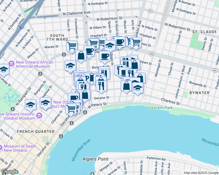 map of restaurants, bars, coffee shops, grocery stores, and more near 611 Mandeville Street in New Orleans