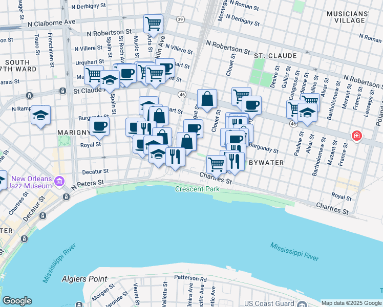 map of restaurants, bars, coffee shops, grocery stores, and more near 3027 Royal Street in New Orleans