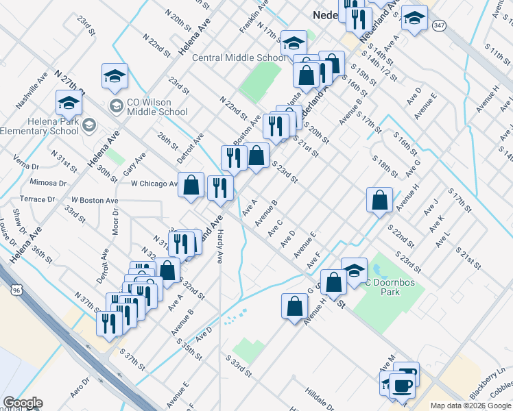 map of restaurants, bars, coffee shops, grocery stores, and more near 2603 Avenue A in Nederland