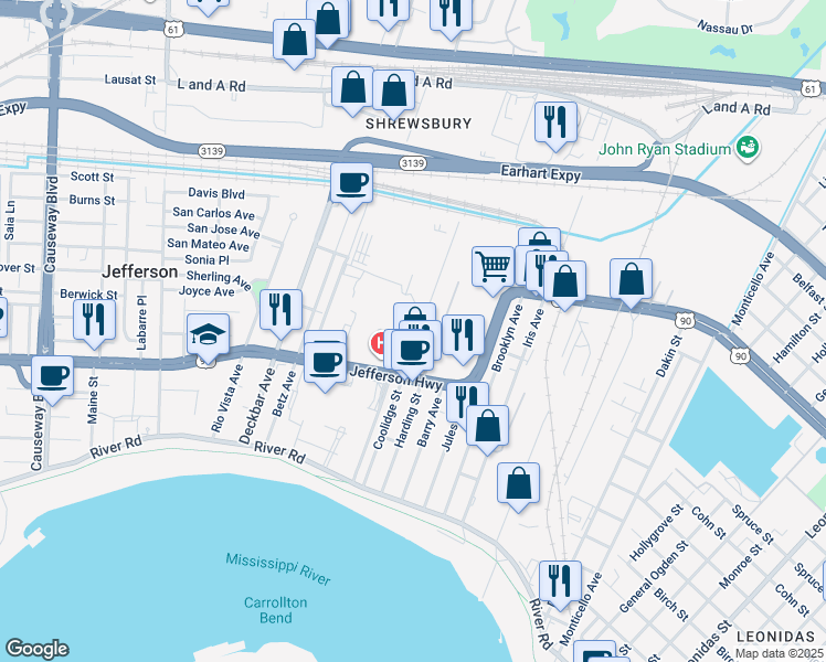 map of restaurants, bars, coffee shops, grocery stores, and more near 338 Coolidge Street in Jefferson