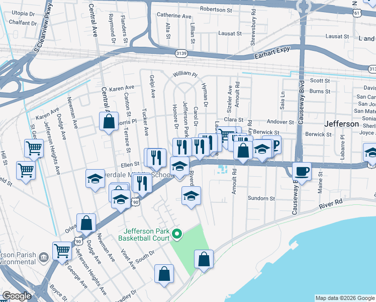 map of restaurants, bars, coffee shops, grocery stores, and more near 3815 Leila Place in Jefferson