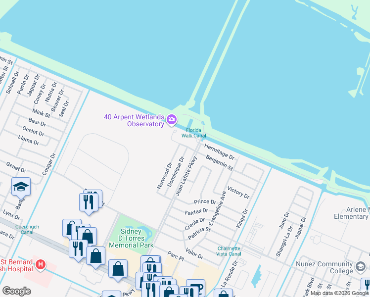 map of restaurants, bars, coffee shops, grocery stores, and more near 3344 Benjamin Street in Chalmette