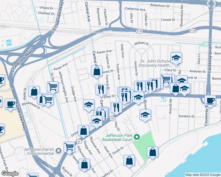 map of restaurants, bars, coffee shops, grocery stores, and more near 625 Terrace Street in Jefferson