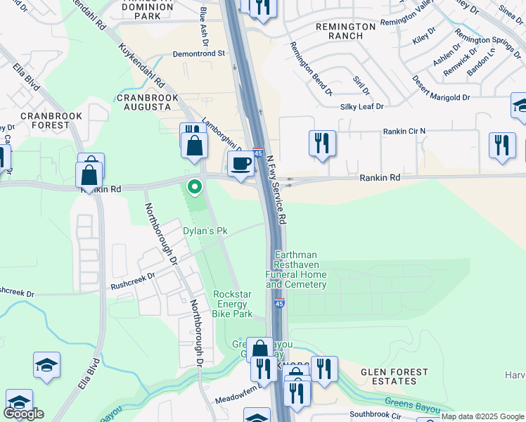 map of restaurants, bars, coffee shops, grocery stores, and more near 13509 North Freeway in Houston