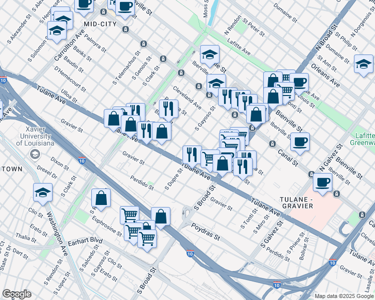 map of restaurants, bars, coffee shops, grocery stores, and more near 2919 Baudin Street in New Orleans