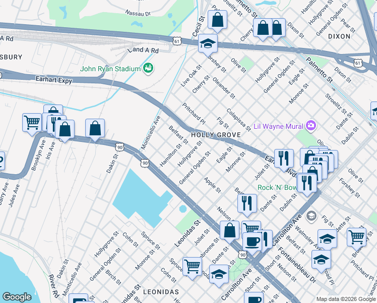map of restaurants, bars, coffee shops, grocery stores, and more near 2614 Hollygrove Street in New Orleans