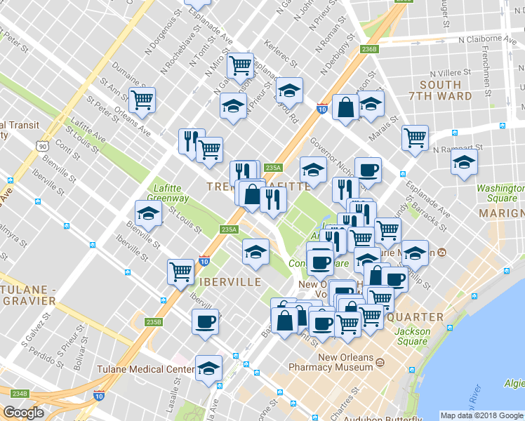 map of restaurants, bars, coffee shops, grocery stores, and more near 727 North Robertson Street in New Orleans