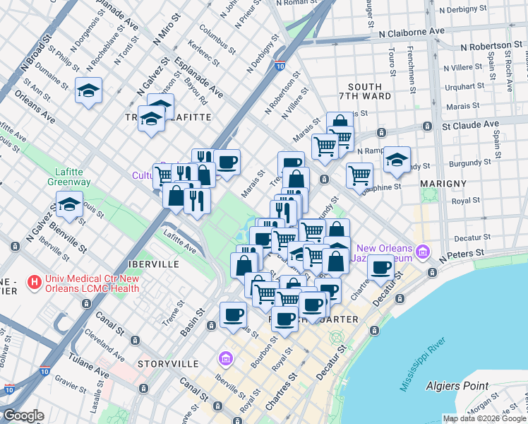 map of restaurants, bars, coffee shops, grocery stores, and more near 1215 Saint Philip Street in New Orleans