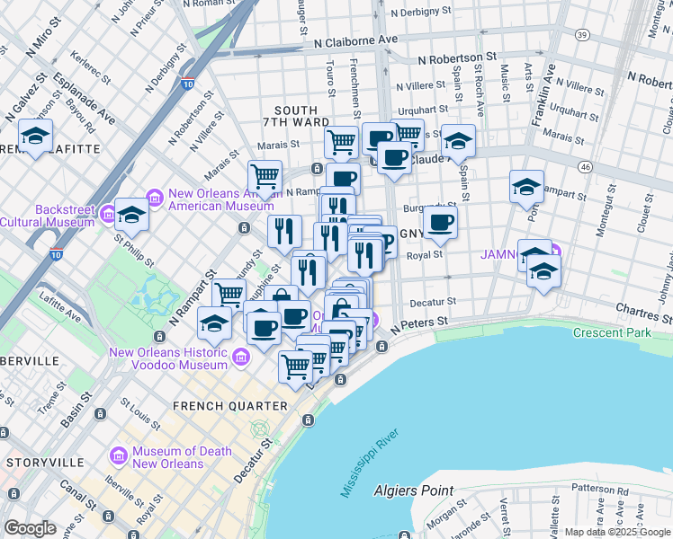 map of restaurants, bars, coffee shops, grocery stores, and more near Royal St & Kerlerec St in New Orleans